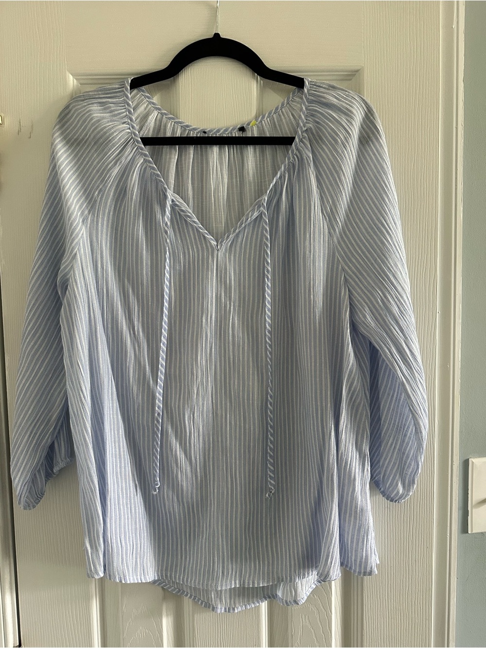 Light Blue Striped Tie-Neck Peasant Top